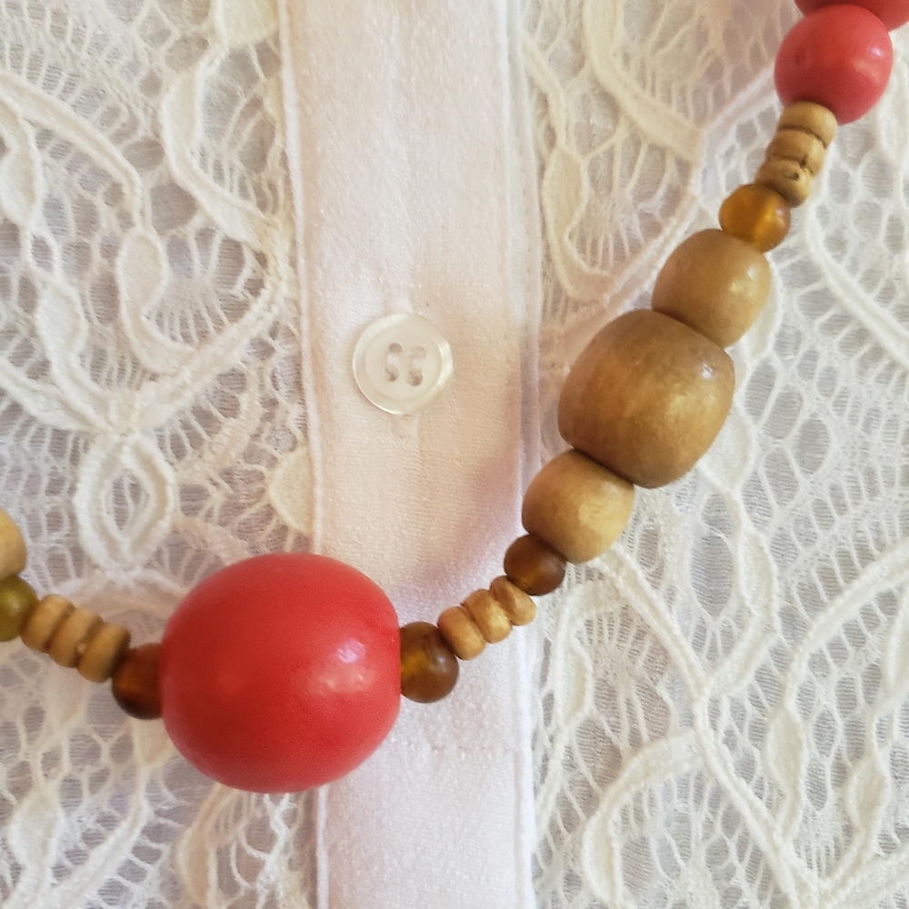 Boho Red and Brown Wooden Necklace - Picture 3 of 6